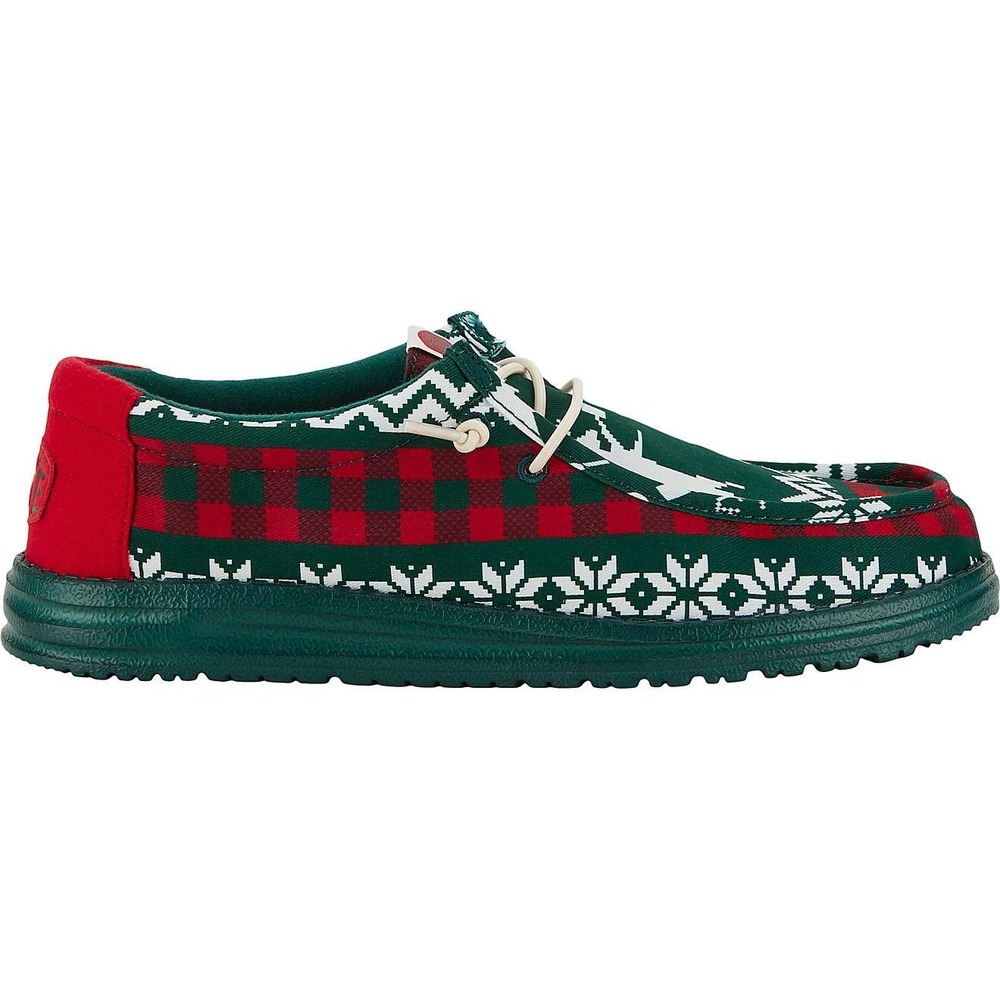NEW Hey Dude Wally Holiday Cheers Moccasin Shoes Men US 8‎ Green Plaid Reindeer